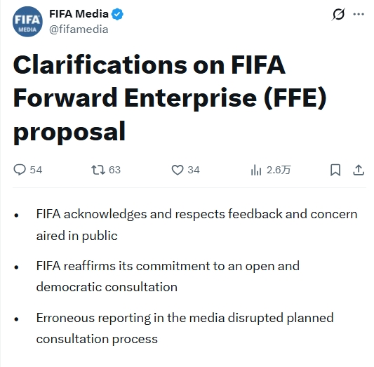 FIFA官方重申继续推进FFE进程 确保各会员协会基于事实投票 FIFA官方重申继续推进FFE进程 确保各会员协会基于事实投票
