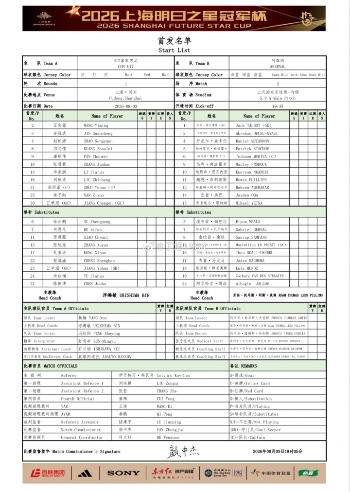 U17国足今晚迎战阿森纳U17 邝兆镭赵松源领衔首发 科瓦奇执法 U17国足今晚迎战阿森纳U17 邝兆镭赵松源领衔首发 科瓦奇执法