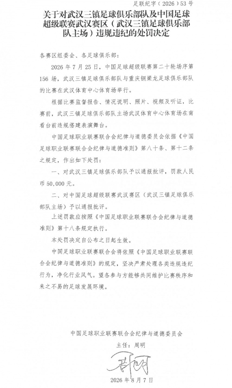 武汉三镇主场违规搭建舞台被中足联罚款5万